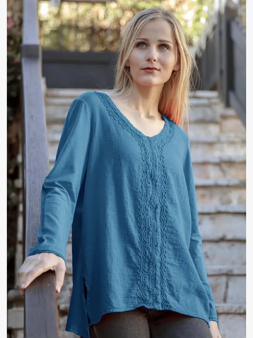 F18-713 Rosenda V-neck Long Sleeve Cotton Top