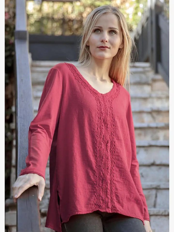 F18-713 Rosenda V-neck Long Sleeve Cotton Top