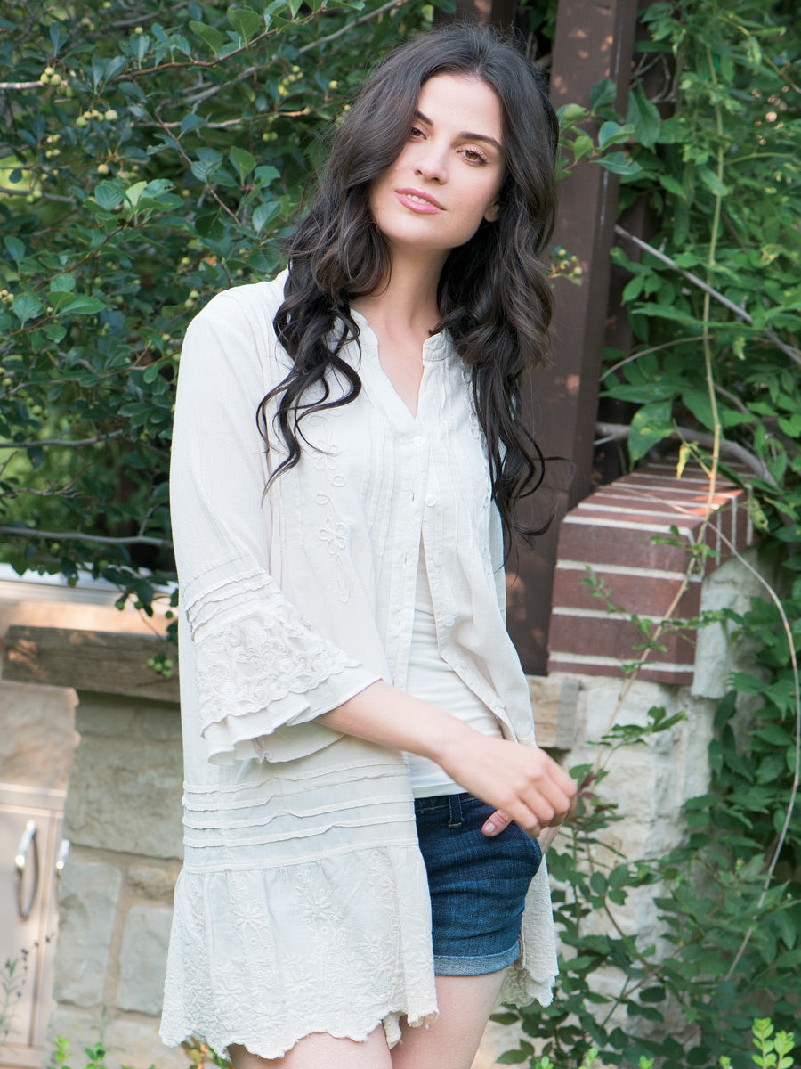 Sulie 3/4 Sleeve Button-down Cotton Tunic