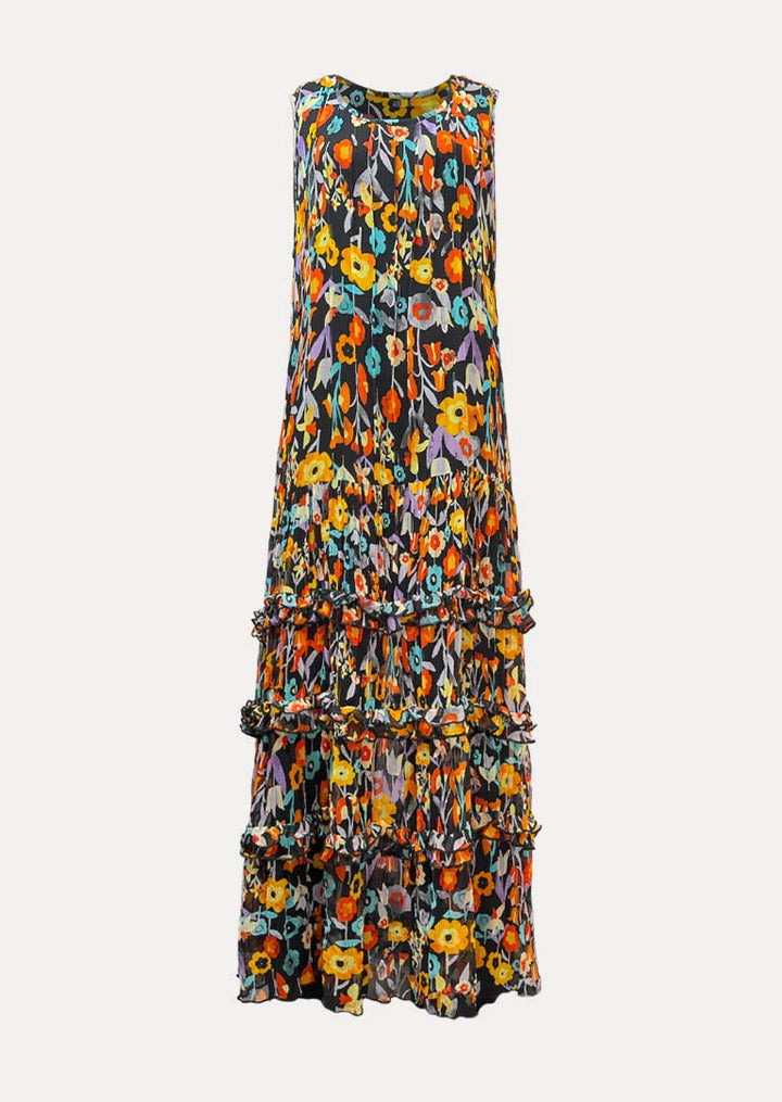 SP015 Daphne Sleeveless Ruffle Hem Printed Silk Dress
