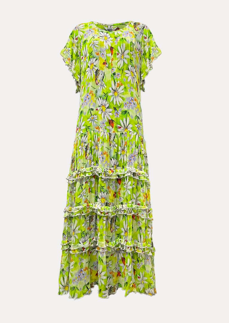 SP141 Medea Ruffled Hem Printed Silk Dress
