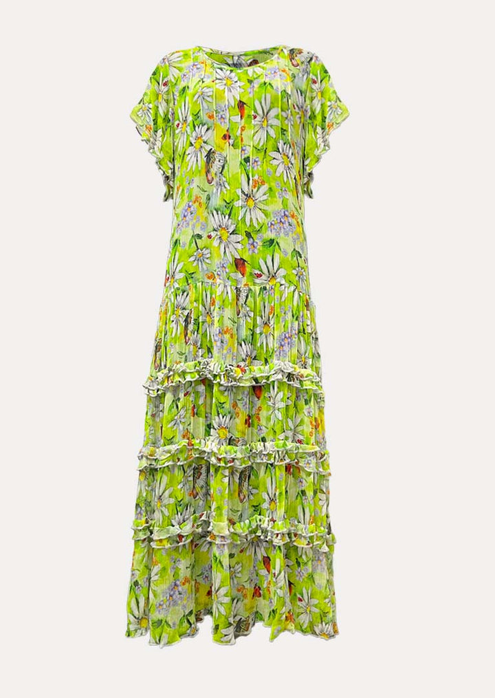 SP141 Medea Ruffled Hem Printed Silk Dress