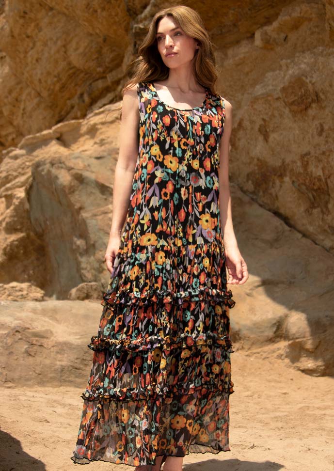 Daphne Sleeveless Ruffle Hem Printed Silk Dress