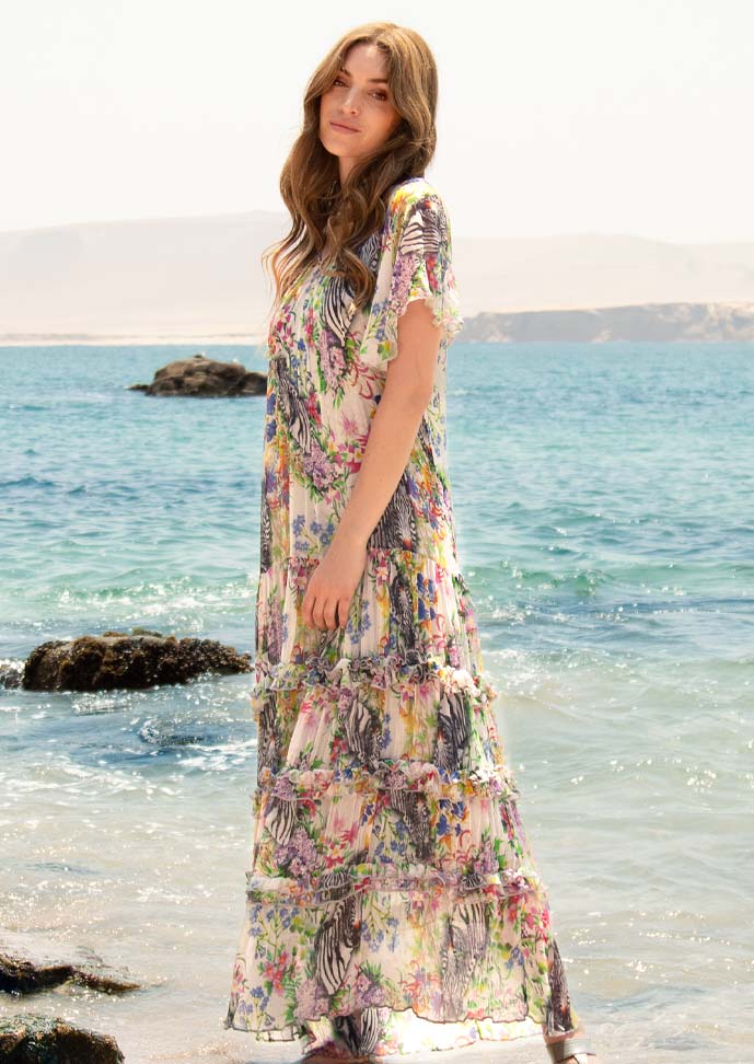 Medea Ruffled Hem Printed Silk Dress