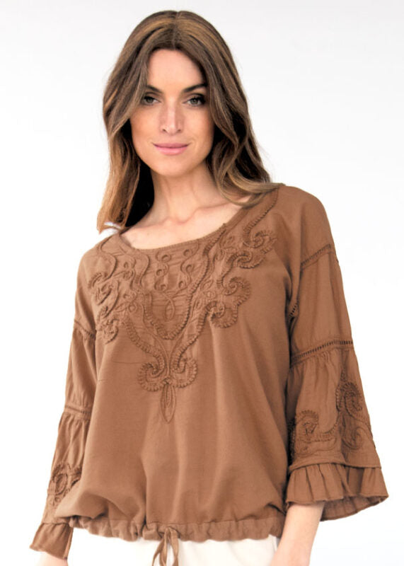 S23-852 Deborah Bell Sleeve Boat Neck Cotton Top