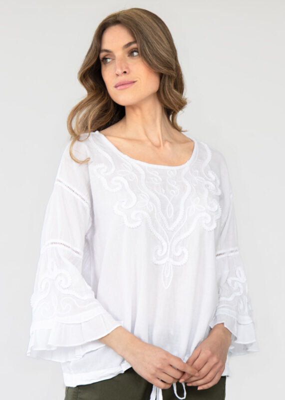 S23-852 Deborah Bell Sleeve Boat Neck Cotton Top