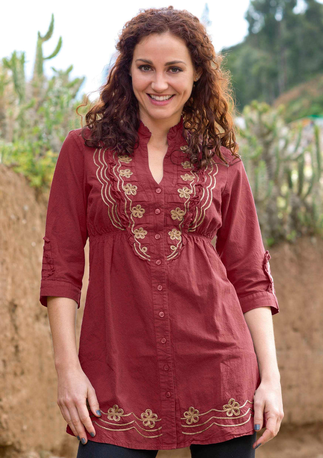 Artistica 3/4-Sleeve Blouse with Floral Embroidery