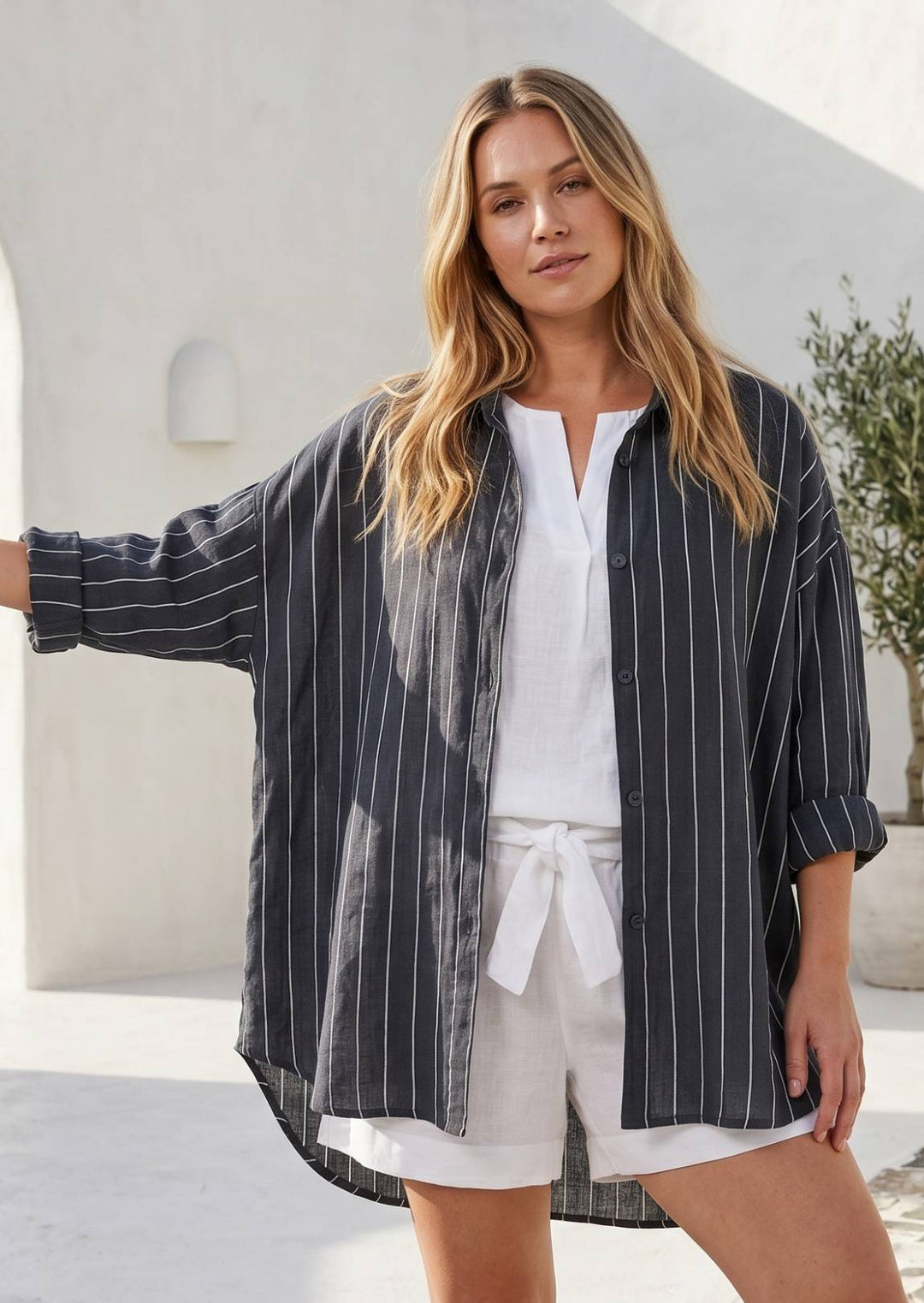 SA6411R Magde Striped Linen Blouse
