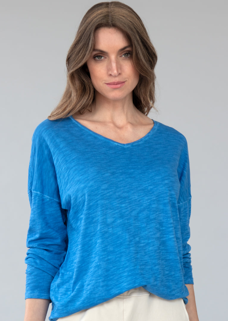 Arabella V-neck Long Sleeve Slub Cotton Top