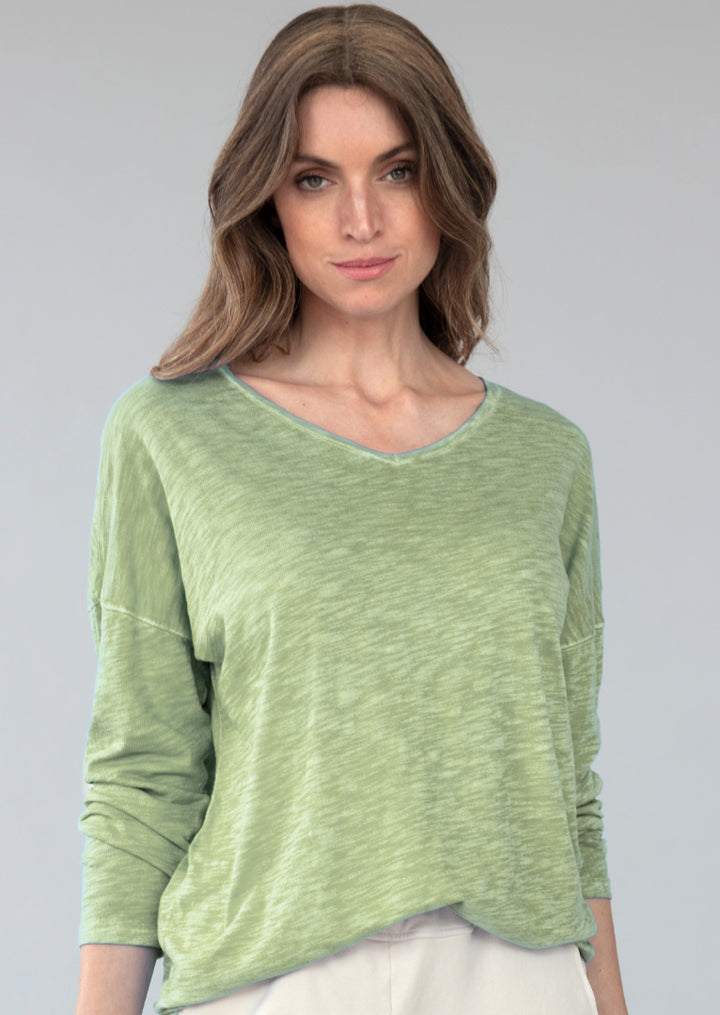Arabella V-neck Long Sleeve Slub Cotton Top