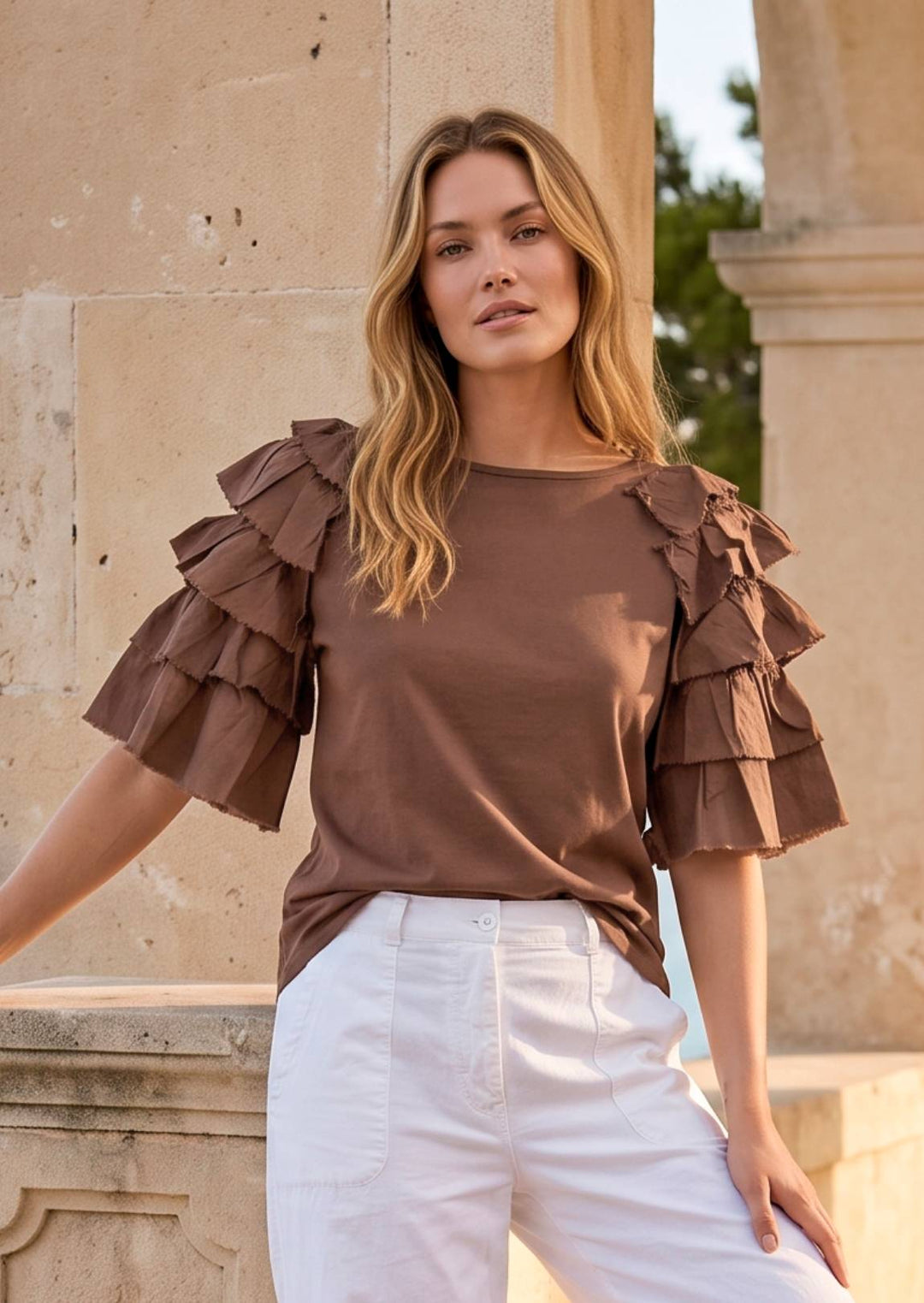 ZF136 Cheyenne Ruffle Sleeve Cotton Tee